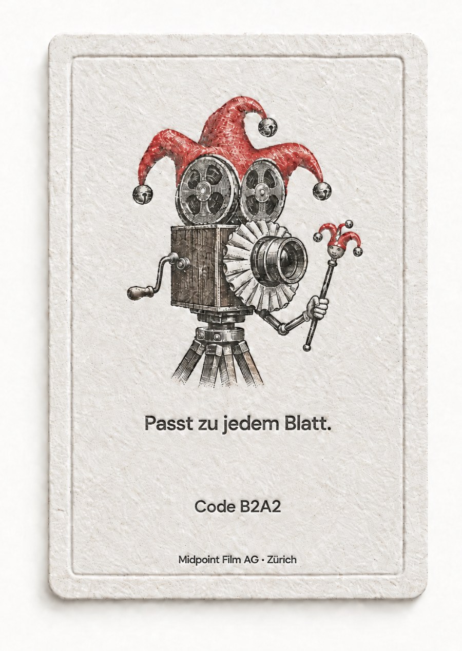 Rückseite: eine Filmkamera als Joker verkleidet. Passt zu jedem Blatt. Code B2A2.